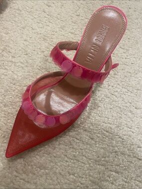 Pointed Sequin-Trim Mule Heels in Vibrant Pink